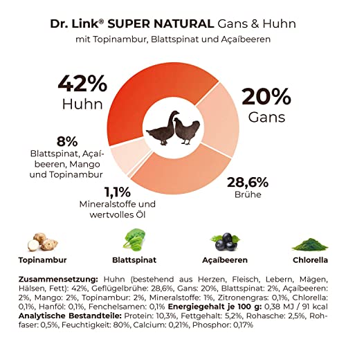 Dr. Link® SUPER Natural 10x125g Premium-Nassfutter für Hunde: Gans und Huhn mit Topinambur, Blattspinat und Acaibeeren | getreidefrei | Superfoods