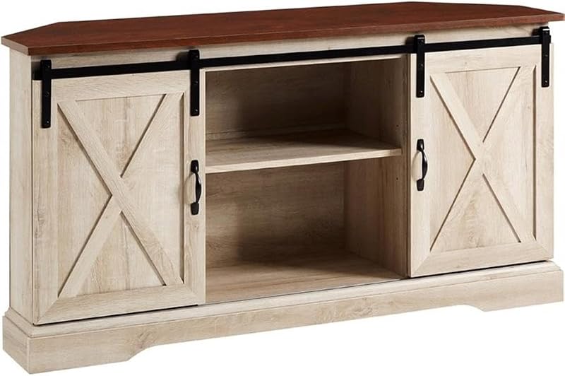 Everette Modern Farmhouse - Mueble para TV con puerta corrediza doble en forma de granero para televisores de hasta 58 pulgadas, 52 pulgadas, roble tradicional marrón y blanco