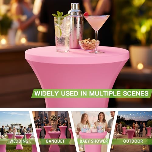 Image of Fixwal 4 Pack Spandex Cocktail Table Covers, 32x43 Inch Pink Fitted Stretch Highboy Round Cover Table Cloth for Party, Bar, Pub, Wedding, Banquet