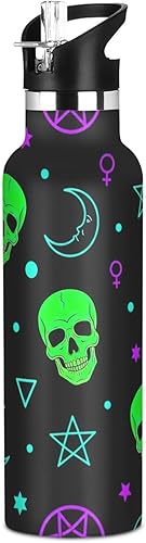 Botella de agua para niños para la escuela, botellas de agua aisladas a prueba de fugas, 20 onzas, sin BPA, cráneos verdes neón disponible en Yaxa Costa Rica