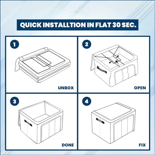 Image of 66 LTR Foldable Steel Frame Cloths Zip Organizer Bag and Oxford Fabric Storage Living Cover Boxes For Wardrobe Shelves Clothes, Sarees, Bed Sheet, Blanket (3-PACK)