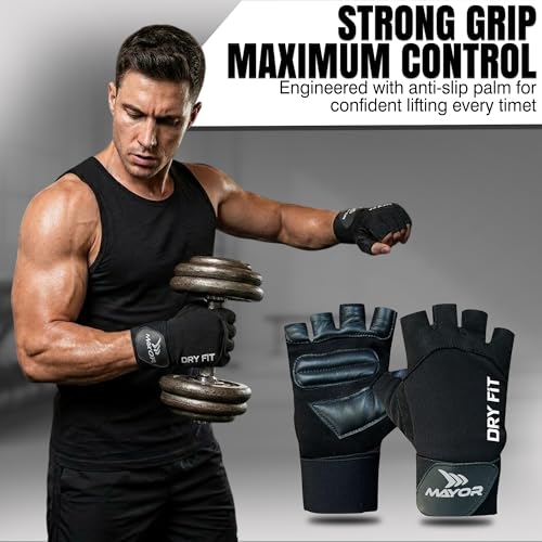 Image of Mayor Premium Dryfit Gym Gloves for Men & Women with Wrist Support Accessories for Weightlifting, Training, Exercise, Cycling Gloves, Bike Riding Gloves, Polycotton Blend (Black)