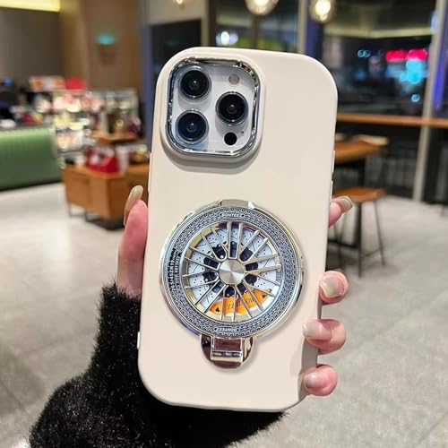 Image of KC Back Cover for Redmi Note 14 Pro 5G / 14 Pro Plus 5G - Electroplated Crome Metal Ring Soft Silicone Round Spinning Wheel Kickstand Holder Camera Protection Shockproof Bumper Case (White)