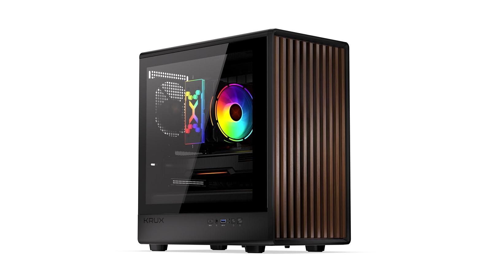 KRUX Helio, microATX Mini ITX Gehäuse, Echtholz Design, Glasfenster, 120mm PWM Lüfter, USB-C, USB 3.0, GPU bis 320mm, CPU bis 175mm, Staubfilter, Schwarz mit Holz-Front