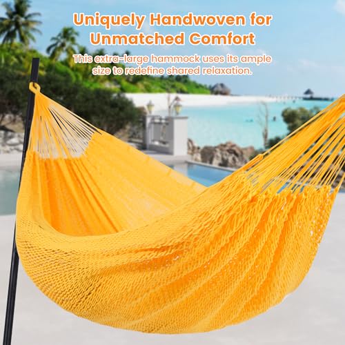 Image of Lazy Daze Hammocks Handwoven XL Mayan Hammock, 10.5 FT Soft Rope Double Hammocks, Portable Outdoor Hammock with Carry Bag, 2 Straps & Carabiners for Patio Outside, 550 lbs Weight Capacity, Yellow