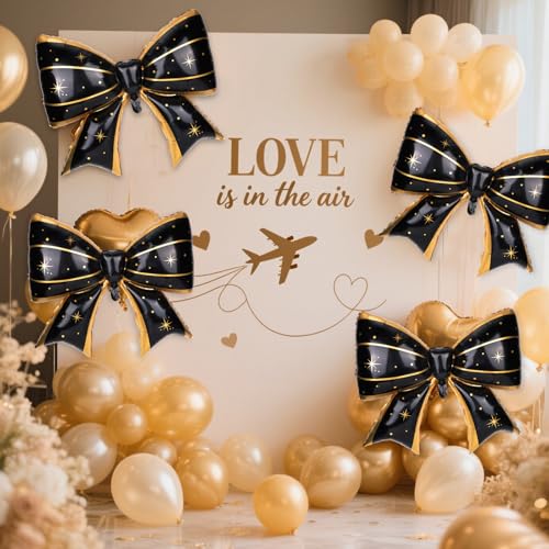 Image of 4Pcs Giant Bow Balloons, 97.5cm /38in Big Elegant Coquette Theme Balloons for Birthday Wedding Engagement & Party Large Decorations Bridal & Bachelorette Supplies (Star Dot Black)