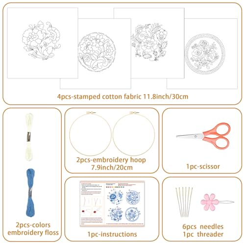 Image of BEUNITONE 4 Set Embroidery Kit for Beginners, Blue Flower Cross Stitch Kits, Needlepoint Kits for Adults with Instructions and Full Kit, Classical Hand Embroidery Patterns for Cloth and Home Decor