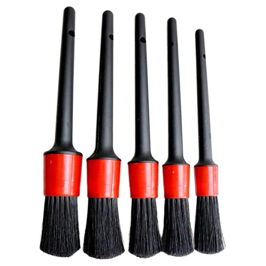 MF® Auto Detailing Brush Set，5 Different Sizes Premium Natural Boar Hair Mixed Fiber Plastic Handle Car Cleaning Tools Kit for Automotive Wheels, Dashboard (Black & red)