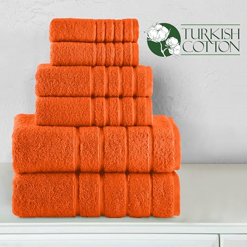 Image of Elegant Comfort 4 Lines Viscose Stripe 6-Piece Premium Towel Set - 100% Turkish Cotton High Absorbent Luxury Bathroom Towels - Includes 2 Washcloths, 2 Hand Towels and 2 Bath Towels Set, Orange
