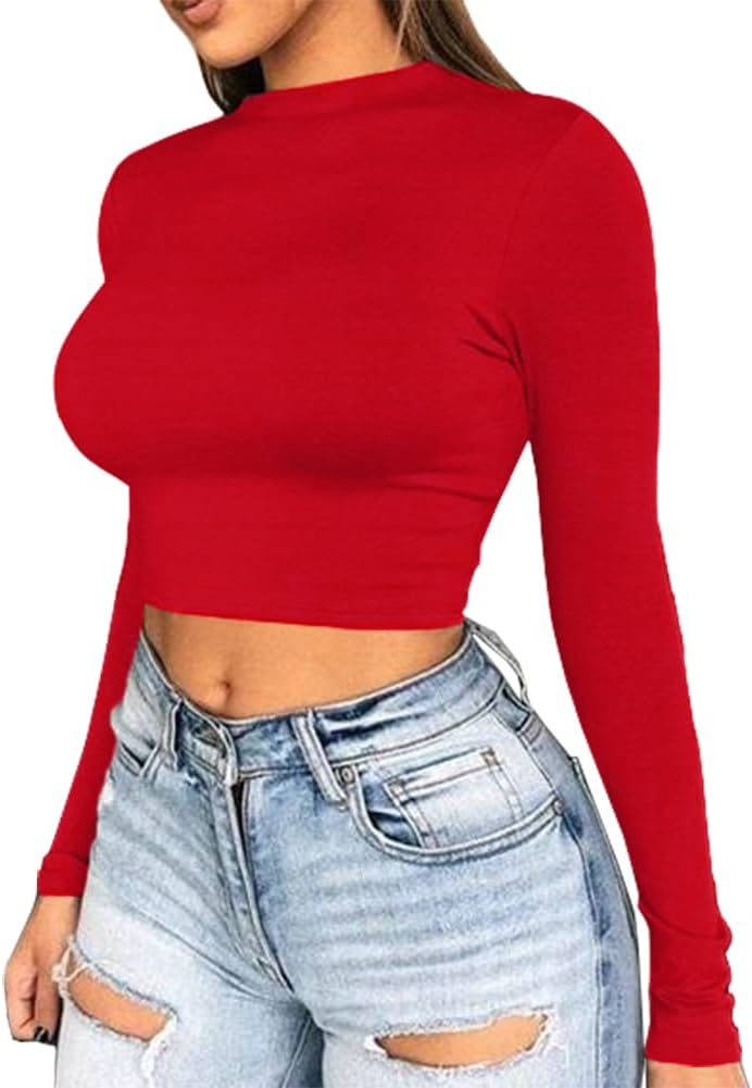 Artfish Women Long Sleeve Turtleneck Crop Top Mock Neck Tight Fitted Shirts