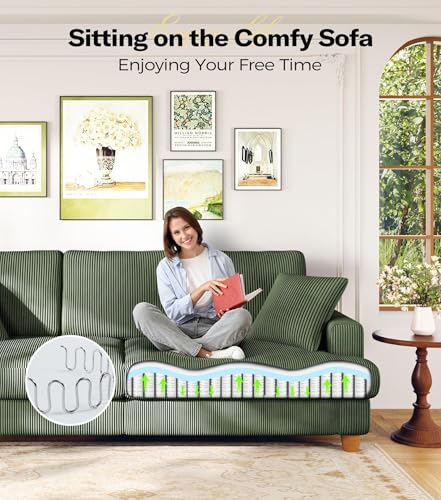 Image of Kidirect 87 inch L Shaped Modular Sectional Sofa & Ottoman Green Corduroy Couch | Modular Couch, No Tool Assembly, Comfy Sectional Couches for Living Room, 21 inch Deeper Seats, Boho Corduroy Sofa with 2 Pillows