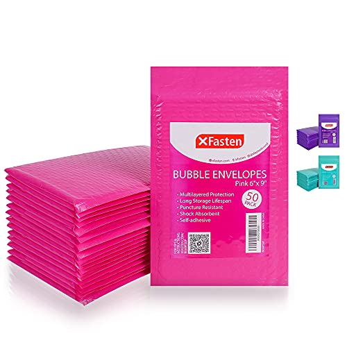XFasten Bubble Mailers Padded Envelopes 6" x 10" (Exterior Size) 50-Pack, Pink, Self-sealing Poly Bubble Mailer Mailing and Shipping Envelopes | Small Bubble Mailers 6x9 Usable Size