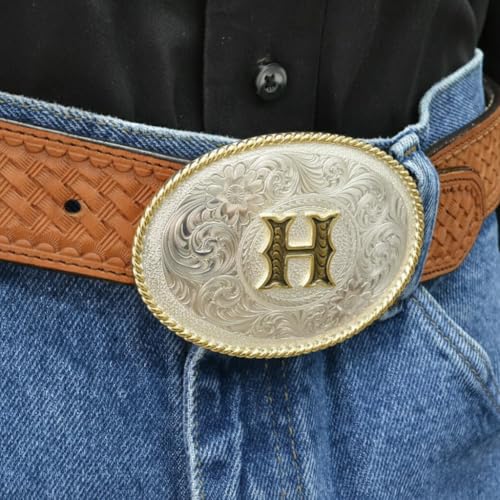 Image of Montana Silversmiths Initial Engraved Gold Trim Western Belt Buckle