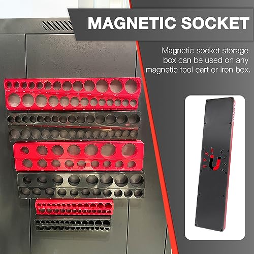 6-Piece Magnetic Socket Organizer Set, 1/2", 1/4" and 3/8" SAE & Metric Deep & Shallow Socket Holder Kit, holds 141 stanard Sockets, attaches to steel box/tool cart (sockets not included)