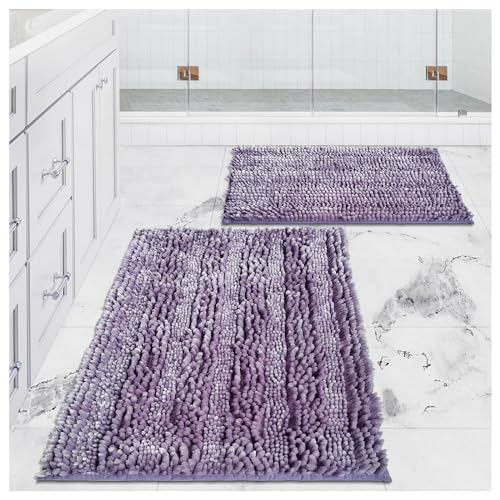 Civkor Bathroom Rugs Set 2 Pieces Light Purple Butter Chenille Shiny Noodle Bath Mat Rug Set with Non Slip Backing Super Water Absorbent Machine Washable 31x20 and 24x16 Inch Lavender