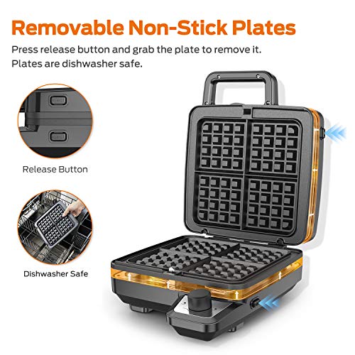 Elechomes Waffle Maker With Removable Plates, 4-Slice Belgian Waffle Iron, Anti-Overflow Nonstick Grids, Browning Control, Indicator Light, Compact Design, Recipes Included, Stainless Steel #TOP3