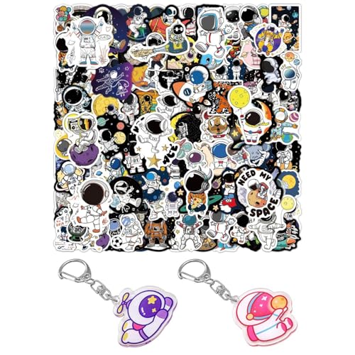 LCIEFKAE 100 Pegatinas Astronautas Y 2 Coles Clave De Astronautas, Calcomanías Creativas Y Divertidas Que Pueden Decorar Patinetas, Bicicletas Y Maletas.