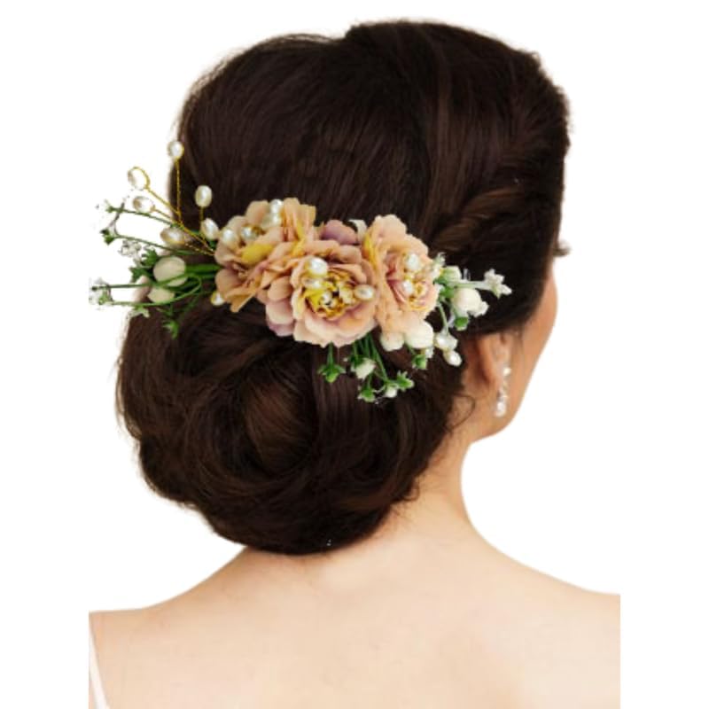 Image of Hair Flare Comb Slide for Women, Girls Artificial Flower Hair Accessories, Bridal Hair Pin for Bun, 2215 - Peach