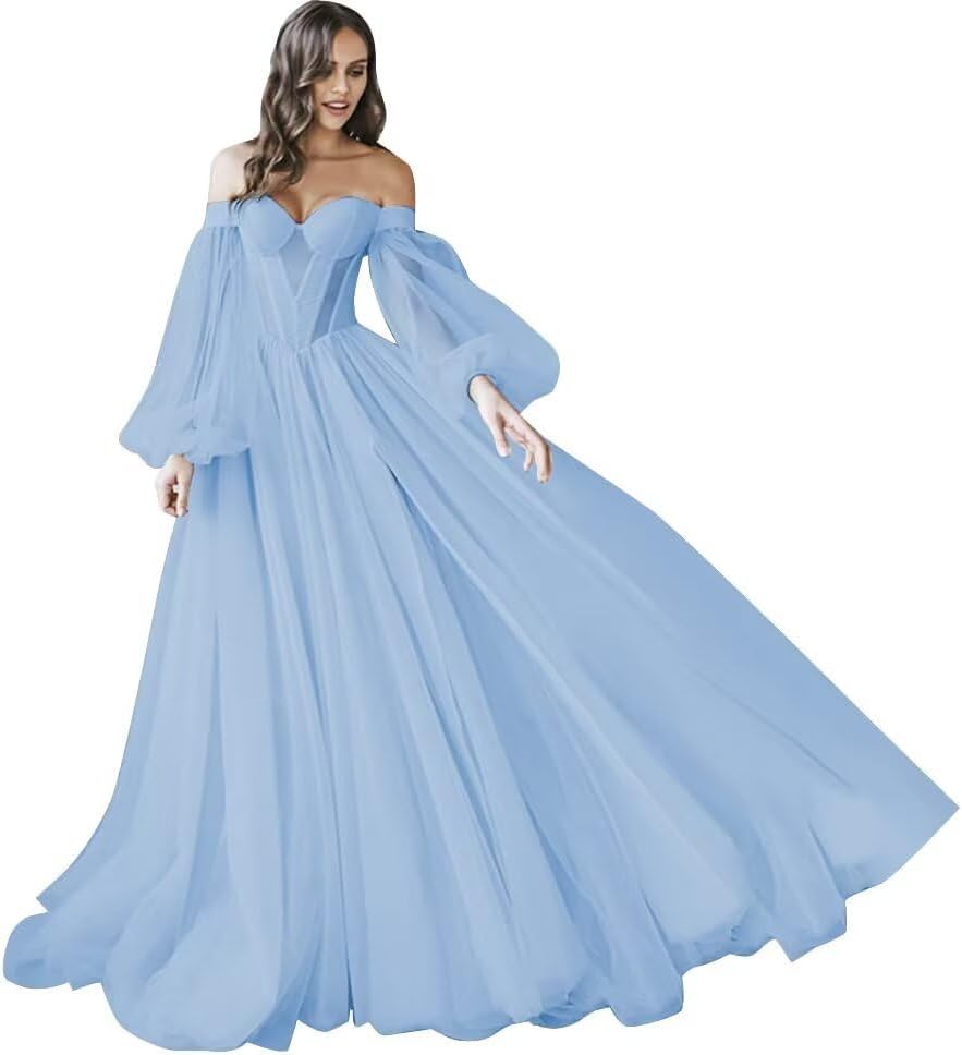 CWOAPO Puffy Sleeve Prom Dresses Tulle Long Ball Gown Off Shoulder Corset Wedding Dress for Women Formal Evening Gowns
