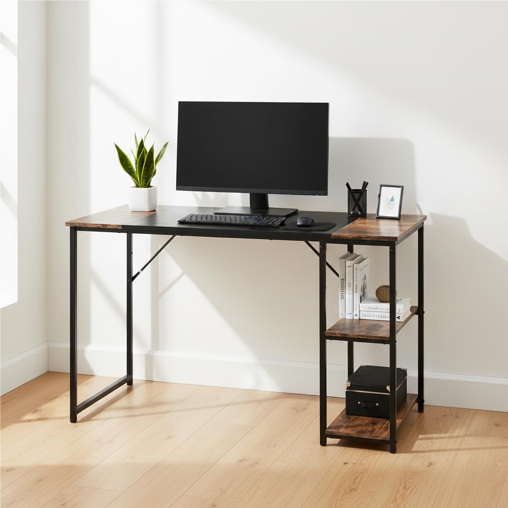 FurnitureR Table de Dessin Moderne, 120 x 60cm, Etagères Latérales Pratiques-2 Niveaux Réglage en Hauteur, Structure Solide, Plateau Patchwork en Rétro Marron et Noir, Loisirs Créatifs ou Bureau