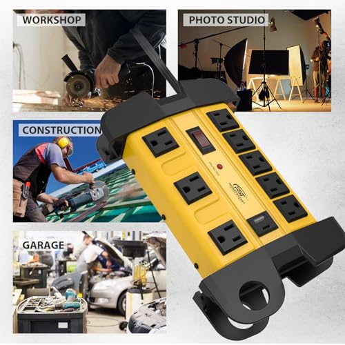 CRST protector de sobretensión industrial metálico de 8 tomas con USB-C, con interruptor y cable de extensión de 6 pies, 15A, 1350 julios miniatura 5