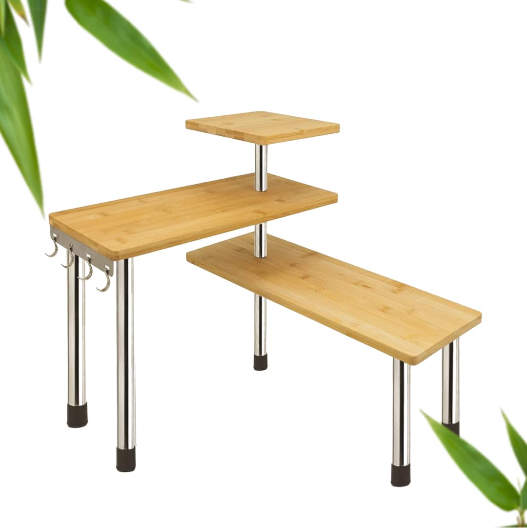 Oh Hommie Kitchen countertop Organizer - 3 Tier Corner Organizer with Hooks- Bamboo Shelf Organizer for Kitchen Counter, Bathroom Counter, Spice Rack, Coffee Area, Over Sink, Dresser Table,