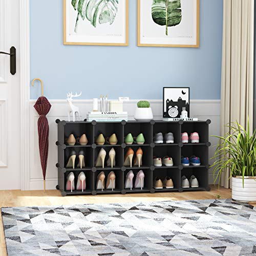 C&Ahome Plastic Shoe Rack,16-Cube Modular Shoes Storage Stand, Multifunction Closet Cabinet, Stackable Shoe Organizer Units For Bedroom Living Room Doorway, 36" L × 14.2" W × 28" H Black Srp15B #TOP3