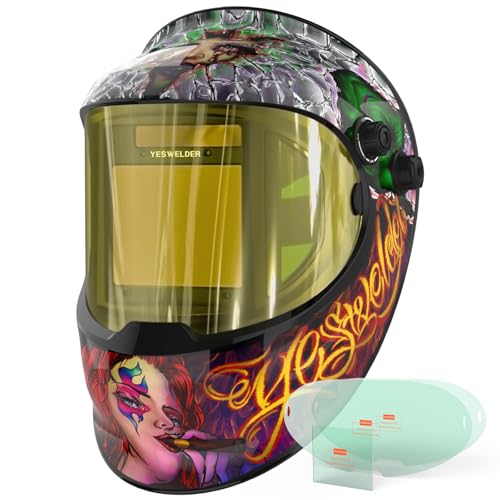 YESWELDER Auto Darkening Welding Helmet with SIDE VIEW, 180° Panoramic View, 1/1/1/1 True Color Solar Powered Welder Hood, Wide Shade 3/5-9/9-13 Weld