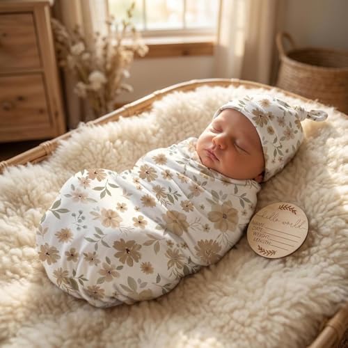 Image of Newborn Receiving Nursery Flower Blanket Baby Swaddle Wrap with Hat Set