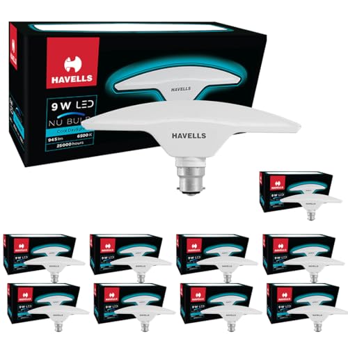 Image of Havells T Shape NU Bulb 9W B22 Base|14% Wider Light Spread|100 Lumens per watt|Inbuilt 4.0KV Surge Protection| 320 degree Rotation for Multiple Applications (6500K,Cool day Light) - Pack of 10