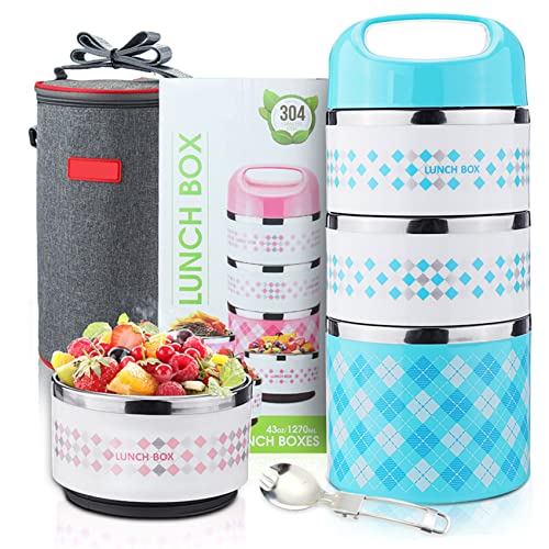 Thermal Lunch Box Stackable Lunch Box, 3-Tier Insulated Food Container Stainless Steel with Insulated Lunch Bag Foldable Spoon 43oz Blue