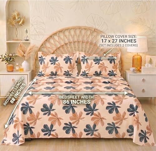 Image of HOMEKART Floral Printed King Size Cotton Bedsheet with 2 Pillow Covers | Luxury Double Bed Bedding Set 86x88 Inches | Ultra Soft, Breathable & Wrinkle Resistant & Home Decor (Desert Beige Floral)