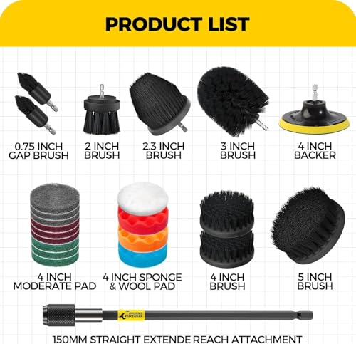 Image of 23pcs Drill Brush Attachment Scrub Pad Sponge Buffing Pad Power Scrubber Brush with Extended Long Attachment Car Polishing Pad Kit, Black Scouring Pads and Sponge