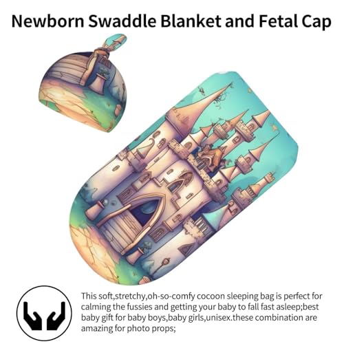 Classical Castle Print Newborn Swaddle Blanket with Beanie Set, Soft Baby Sleep Sack Receiving Wraps, for Boy Girl2