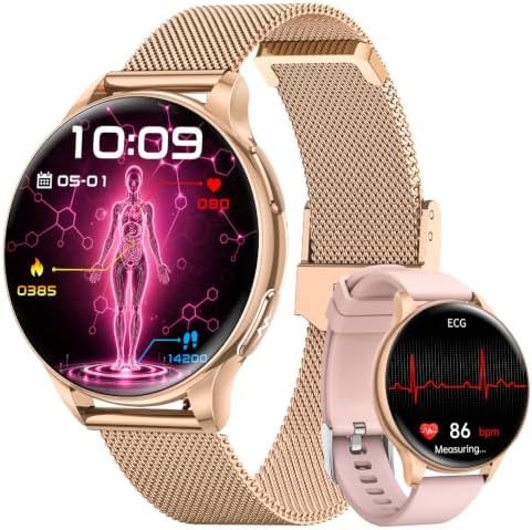 Smartwatch Damen mit EKG/HRV/BMI/Blutdruck, 1,32" AMOLED Rund Uhr, Roségold | Gesundheitsuhr mit Pulsuhr, Schlaf, SpO2, 30s Mikro-Check, Menstruationszyklus, IP68, 130+ Sportmodi,