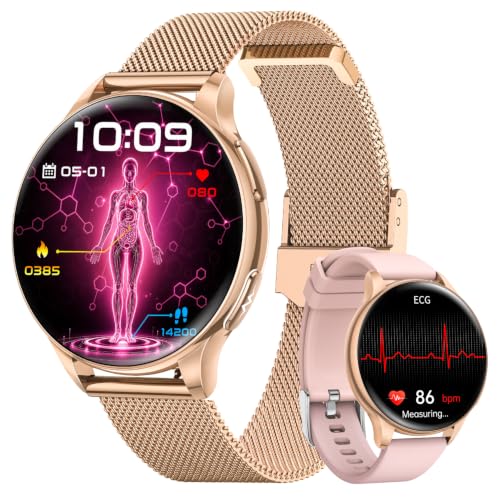 Smartwatch Damen mit EKG/HRV/BMI/Blutdruck, 1,32' AMOLED Rund Uhr, Roségold