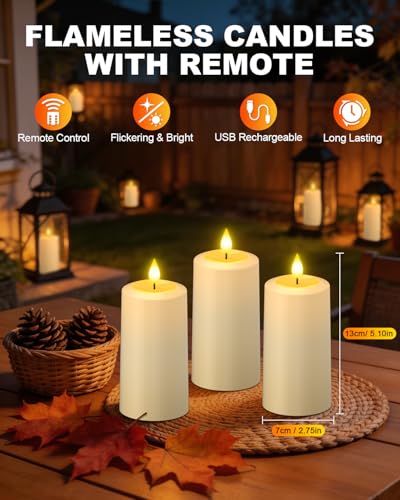 Image of SoulBay Flameless LED Candles, 4-Pack USB Rechargeable, Flickering Waterproof White Pillar Candles with Remote Control Timer for Outdoor Lantern Patio Yard Indoor Holiday Decor, 2.75 x 5.1 Inches