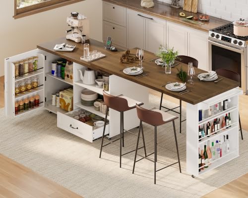 Image of RALGEND Rolling Kitchen Island with 360 Swivel Tabletop, Large Kitchen Island Table with Power Outlet, Mobile Kitchen Island Cart with Storage Cabinets for Kitchen & Office, White and Walnut