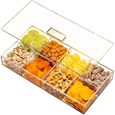 Snack Serving Tray Gift Box - Empty Divided Appetizer Serving Tray Set with Lid, Sectional Nuts & Dry Fruit Tray, Candy Dish, Veggie Serving Platter, Acrylic Clear & Gold, 8 Compartments, by Elavain Cover