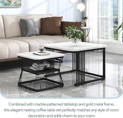 Image of Square Side Table Set of Stackable Tea or Coffee Tables with Marble Tops for Apartments, Bedrooms, and Living Rooms Black White