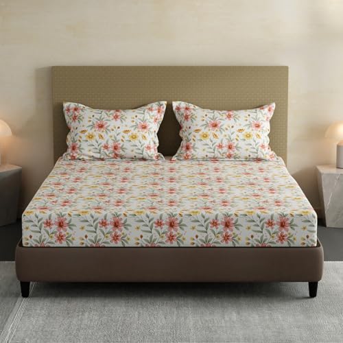 Image of Layers 100% Cotton Fitted Sheet for King Size Bed | Lumina Floret Collection | 144 TC Soft & Breathable | Floral Print with 2 Pillow Covers | Wrinkle Free & Colorfast | 3 Pc Bedding Set - Multicolor