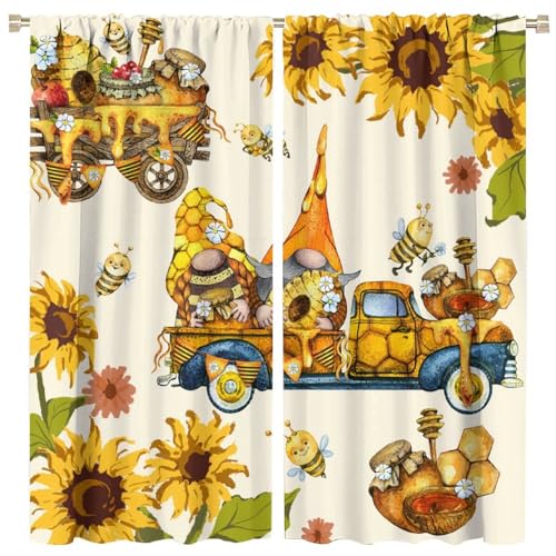 JADERYS Flying Bees Curtains Cute Gnomes Plants Sunflower Funny Animals Rustic Farmhouse Bedroom Living Room Kitchen Blackout Rod Pocket Decoration Window Drapes 2 Panels W21xL45in