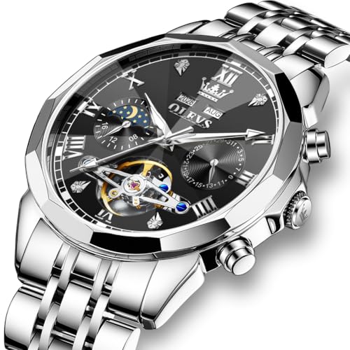 Image of OLEVS Automatic Watches for Men Business Dress Mechanical Watch Stainless Steel Waterproof Self Winding Classic Date Luxury Diamond Skeleton Men Wristwatch