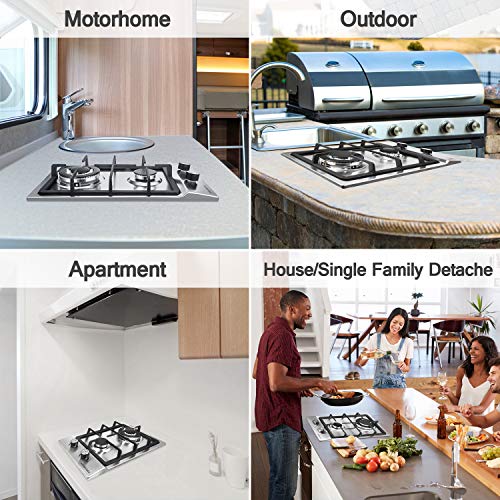 AUODGDNT Gas Stove Gas Cooktop 2 Burners,12 Inches Portable Stainless Steel Built-in Gas Hob LPGNG Dual Fuel Easy to Clean for RVs, Apartments, Outdoor (Silver)