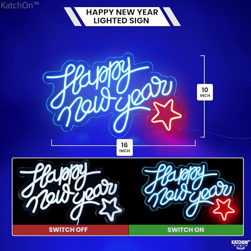 Image of KatchOn, Blue Happy New Year LED Sign - 16x10 Inch | Happy New Year Neon Sign | Happy New Year Lighted Sign for New Years Eve Party Supplies 2026 | Happy New Year Light Up Sign for New Years Decorations 2026
