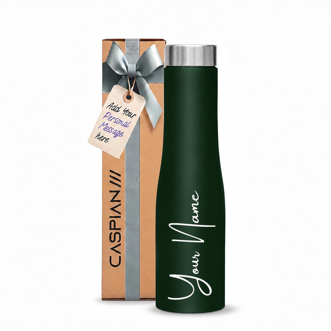 CASPIAN /// Aqua Customised Stainless Steel Water Bottle 1L, Green with Logo Print - Personalised Water Bottle with Your Name Print for Kids Boys Girls School Office Gym- Perfect for Corporate Gifting