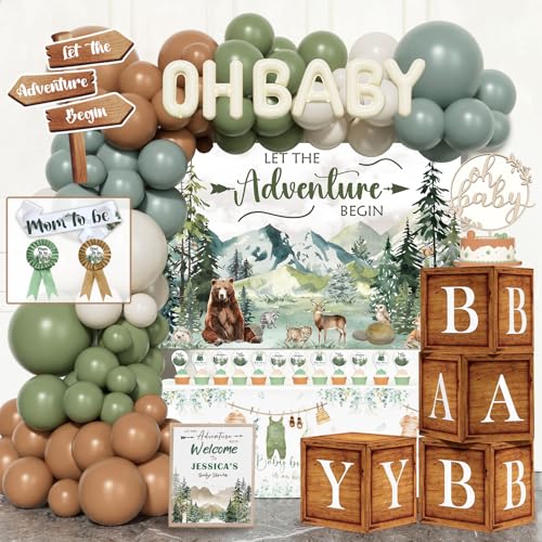 Fiesec Let the Adventure Begin Baby Shower Decorations 131 PCs Adventure Awaits Baby Shower Party Supplies with Mountain Backdrop Balloon Garland Mom to Be Sash for Boys Forest Woodland Party