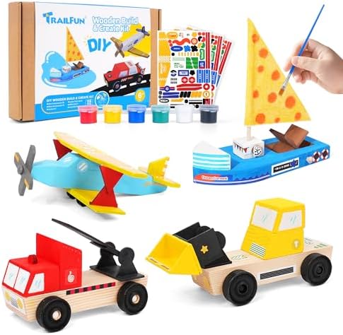 Wooden Build Paint Art Crafts Kit, Make Your Own Car Boat & Plane DIY Craft Toys for Kids Boys, STEM Educational Toy Set