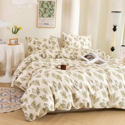 ECOCOTT Duvet Cover Queen Size Leaf Pattern Duvet Cover Set, Ultra Soft & Breathable Comforter Cover with Zipper Closure 4 Ties Bedding Set