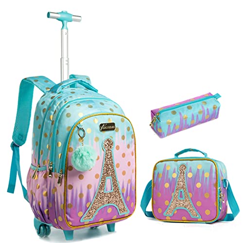 IvyH Mädchen Rucksäcke mit Rollen, Kinder Schulranzen Trolley Set Grundschultasche mit Lunchtasche Federmäppchen Rucksack Trolley für Kinder Entspannt zur Schule Reisen